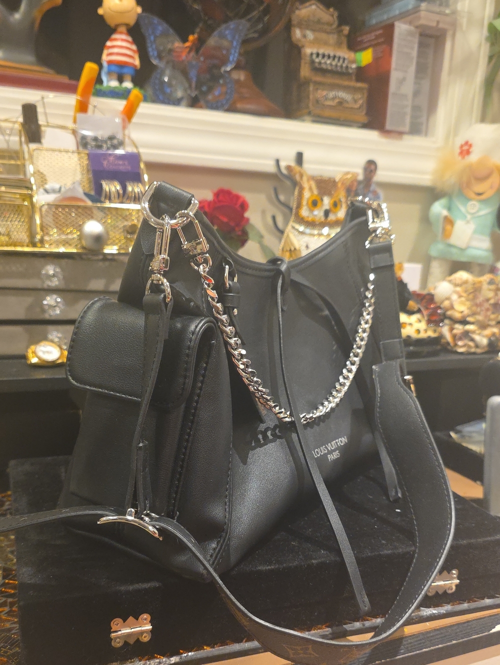 Black Leather Shoulder Bag with Silver Chain Strap